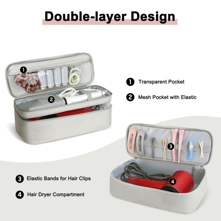 Light gray double-layer cosmetic bag with transparent pocket and elastic mesh organizer
