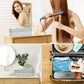 Light gray cosmetic storage bag with zipper closure on a tabletop