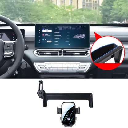 Black car phone holder mount cradle on dashboard with extension arm, highlighted