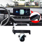 Black car phone holder mount with extension arm and cradle on dashboard, front view