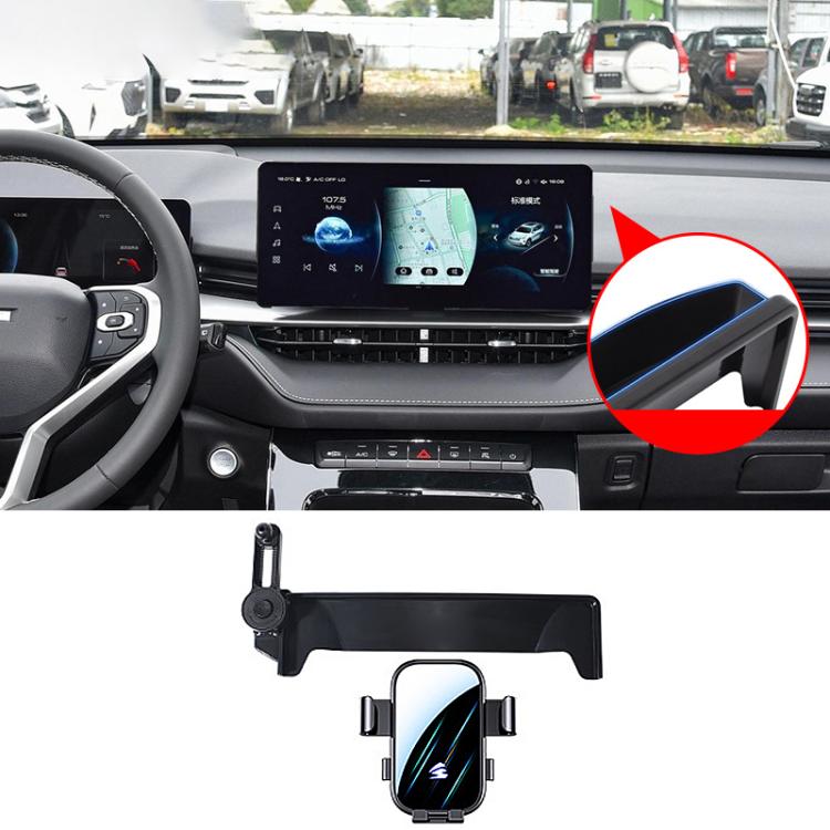 Black car phone holder mount with extension arm and cradle on dashboard, front view