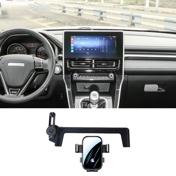 Black car phone holder mount with extension arm and cradle on dashboard center area
