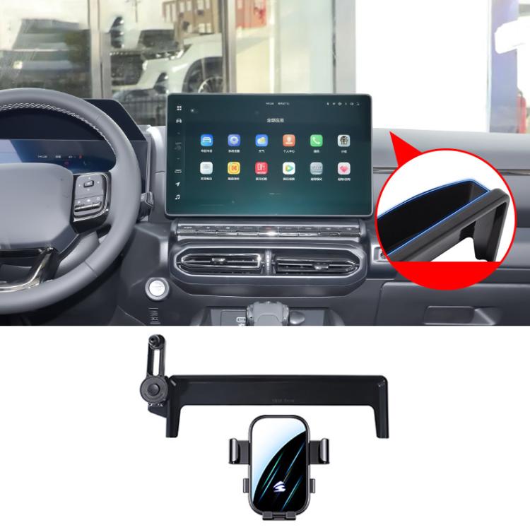 Black car phone holder mount cradle on center dash with extension arm, highlighted