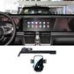 Black phone holder mount with extension arm and cradle, mounted on car dashboard