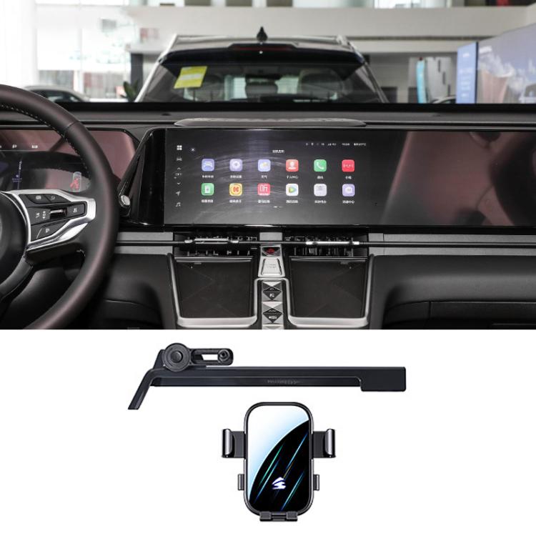 Black phone holder mount with extension arm and cradle, mounted on car dashboard