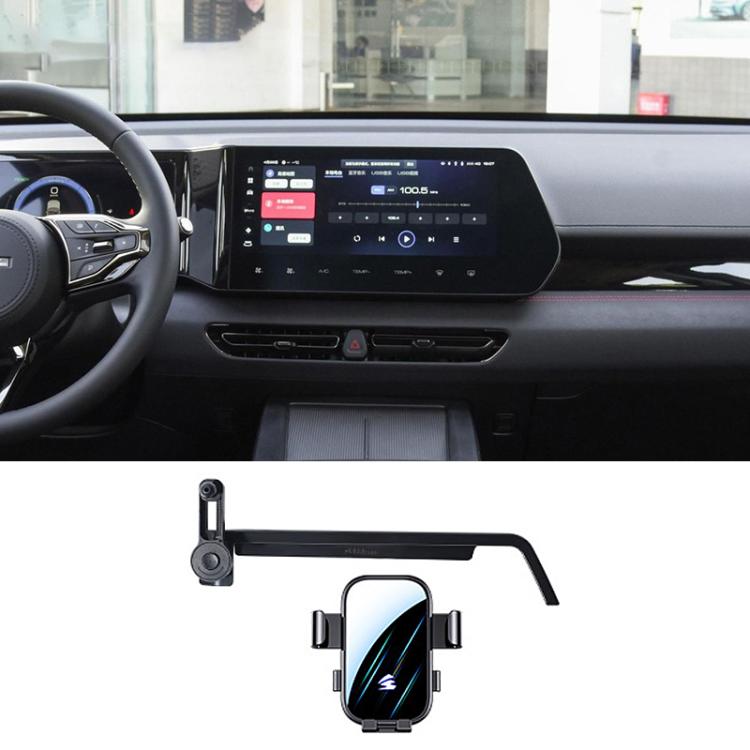Black phone holder mount with extension arm and adjustable cradle for car dashboard