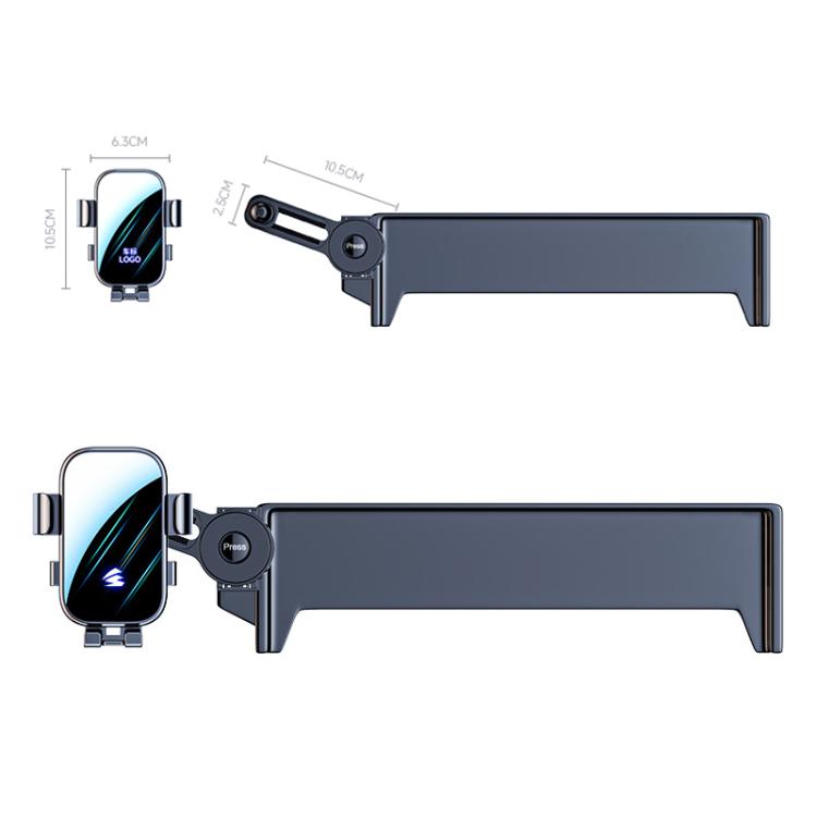 Black screen phone mount with extension arm and side clip bracket, measurement view
