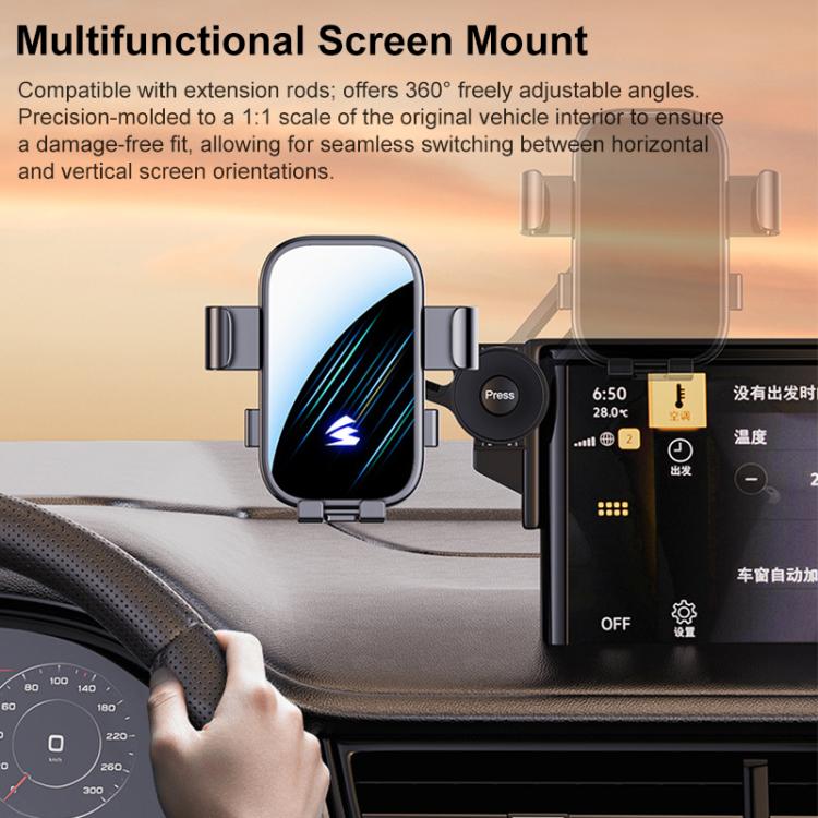 Car screen mount with extension rods and 360° adjustable phone cradle, black-gray