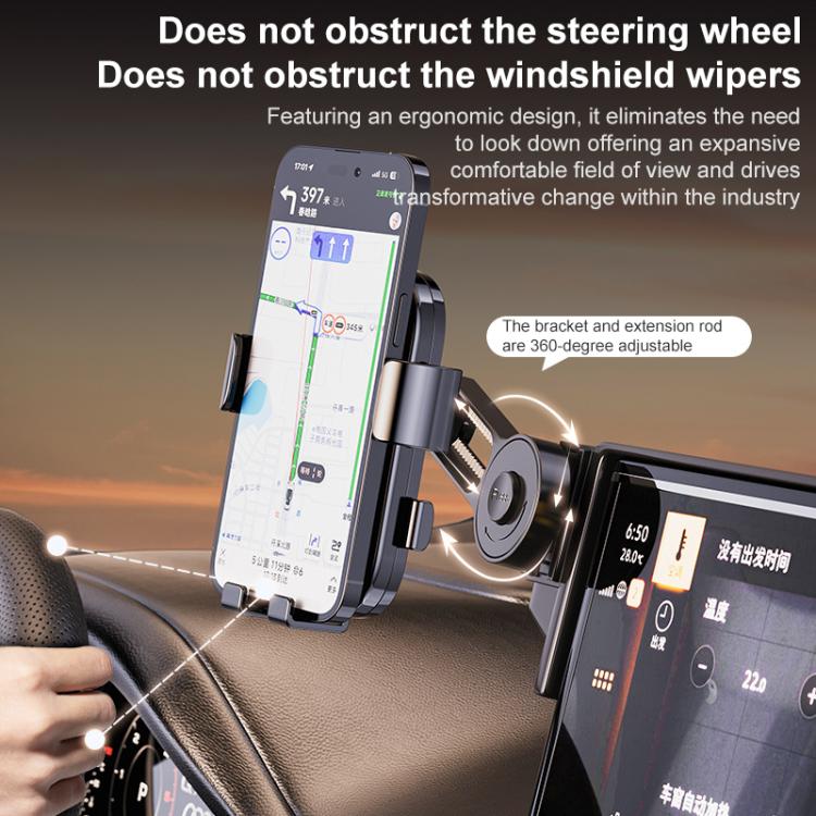 Car phone holder mount with rotating clamp arm and long extension rod, black