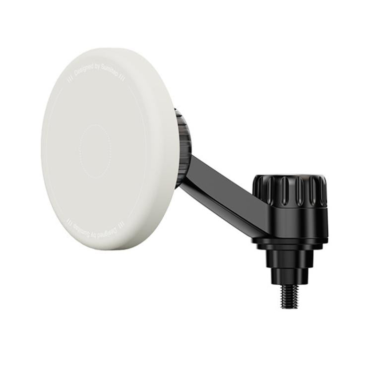 White circular magnetic phone holder mount with angled arm and threaded base