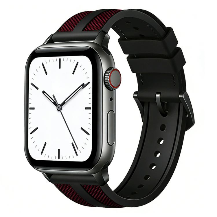 Red-accented hybrid nylon and silicone watch band on a black smartwatch