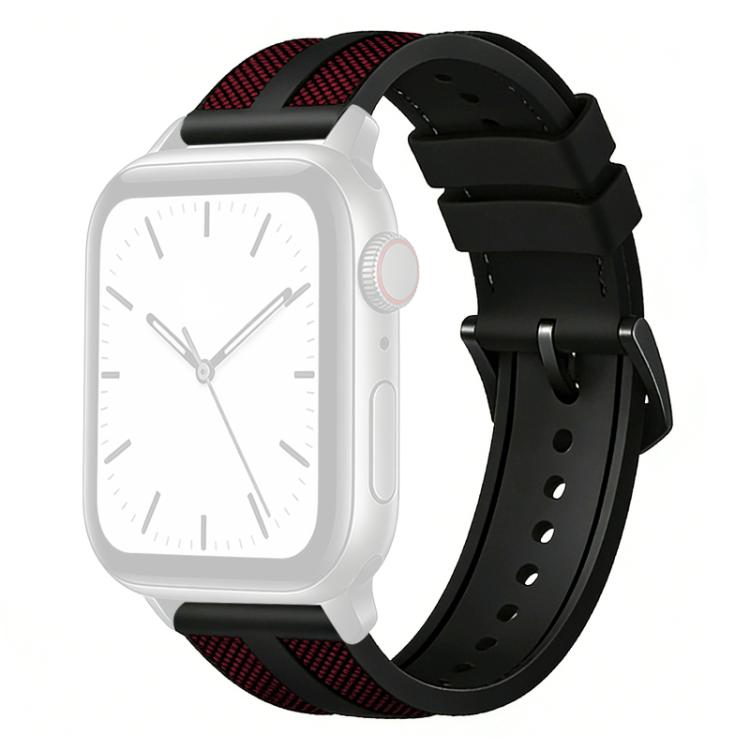 Red-accented hybrid nylon and silicone watch band shown with a silver smartwatch case