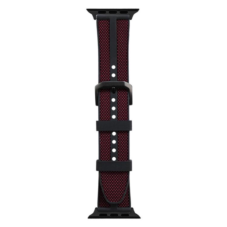 Red-accented hybrid nylon and silicone watch band with buckle and adjustment holes