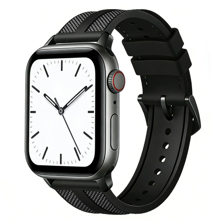 Gray-accented hybrid nylon and silicone watch band on a black smartwatch