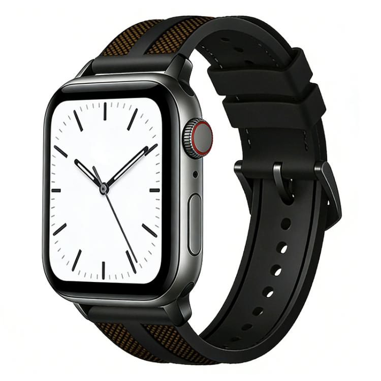 Black silicone watch band with yellow-brown woven stripes, shown on a smartwatch.