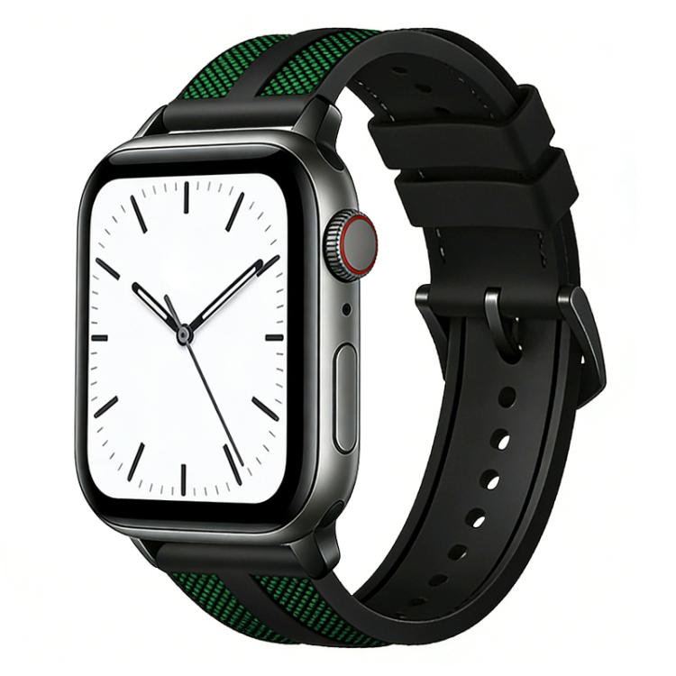 Black silicone watch band with green woven stripes, shown on a smartwatch.