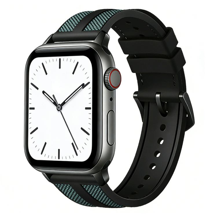 Black silicone watch band with blue woven stripes and perforated strap.