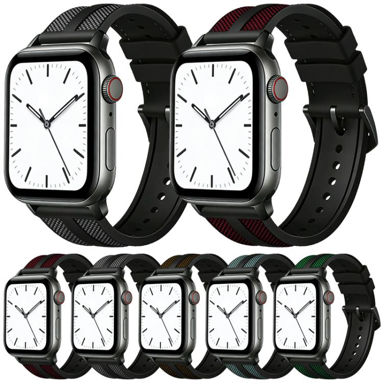 Five color options of the woven silicone watch band displayed on smartwatches.