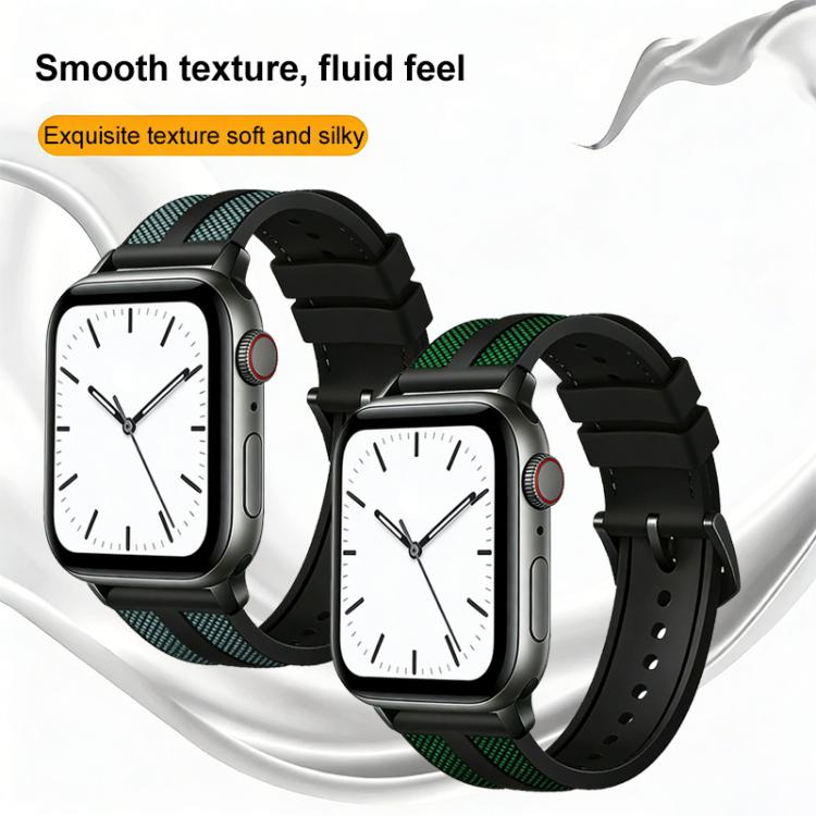 Hybrid nylon and silicone watch bands with black interiors and teal and green woven accents