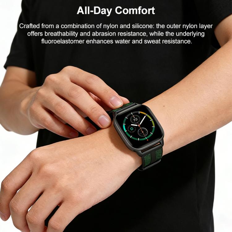 Green-accented hybrid nylon and silicone watch band worn on a smartwatch