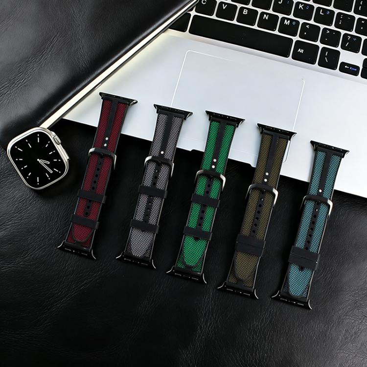 Five hybrid nylon and silicone watch bands in red, gray, green, olive, and teal