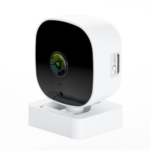 White dome security camera on a wall-mount base, black lens housing