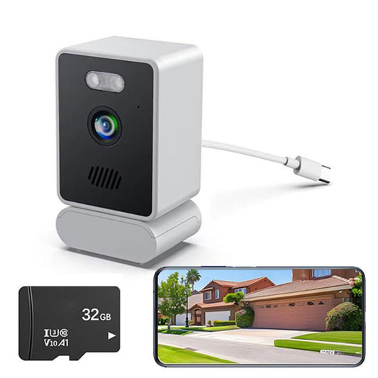 Wireless smart window surveillance camera, white and black, with wall-mount stand
