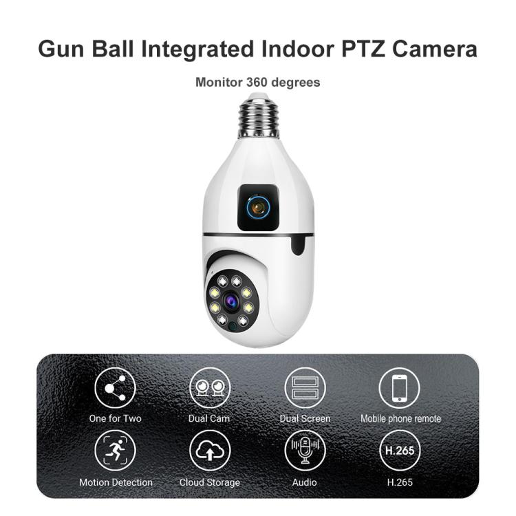 White indoor PTZ security bulb camera with dual lenses and E27 screw base