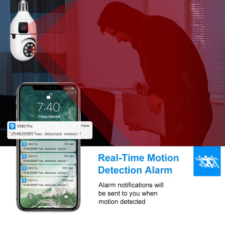 White PTZ security bulb camera with dual lenses and app motion alert display