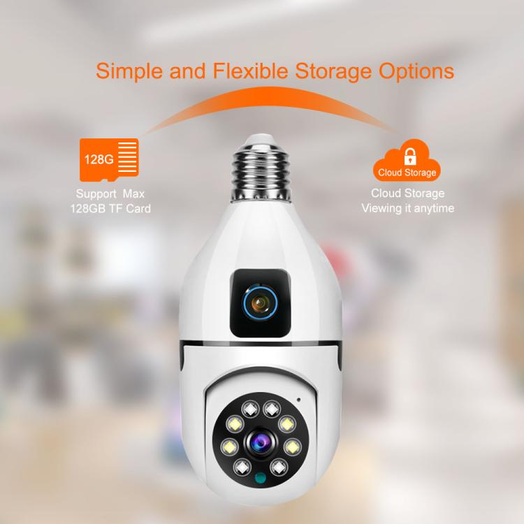 White PTZ security bulb camera with E27 screw base and cloud storage icons