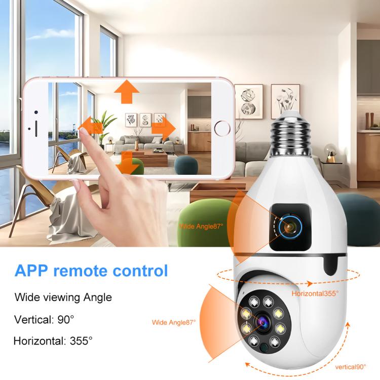 White PTZ security bulb camera with dual lenses and app remote control arrows