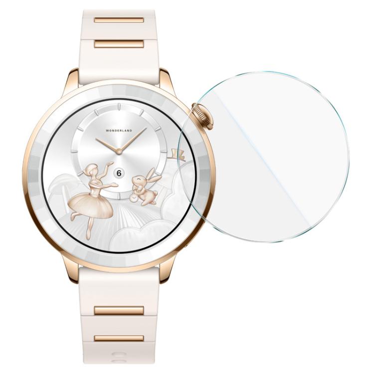 Round tempered glass watch screen protector beside a gold-tone smartwatch