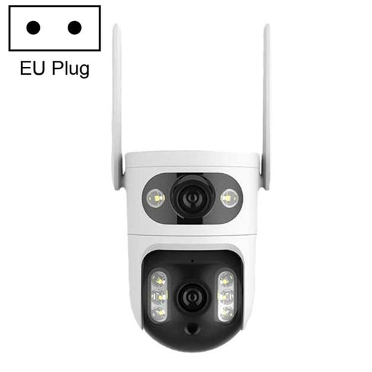 White smart WiFi security camera with EU plug and dual lenses, PTZ linkage