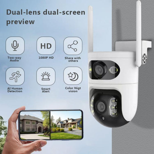 White dual-lens WiFi security camera with app preview and PTZ-linked design
