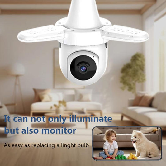 White bulb-style WiFi surveillance camera mounted overhead with front lens