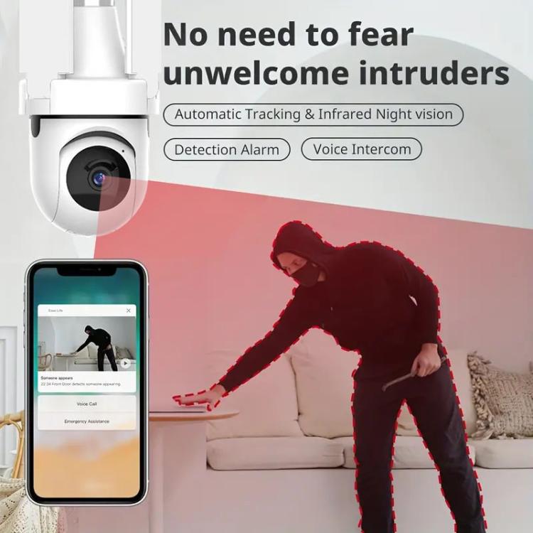 White bulb-style WiFi surveillance camera and smartphone app preview of live view