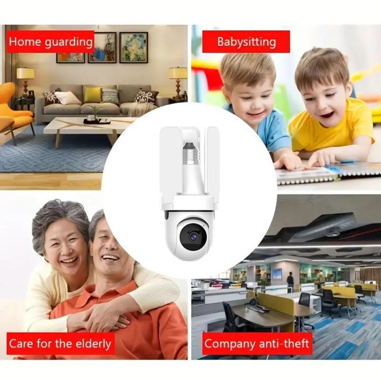 White bulb-style WiFi surveillance camera with front lens and three-blade light arms
