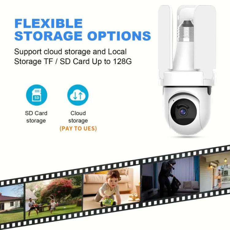 White bulb-style WiFi surveillance camera with front lens and top light arms
