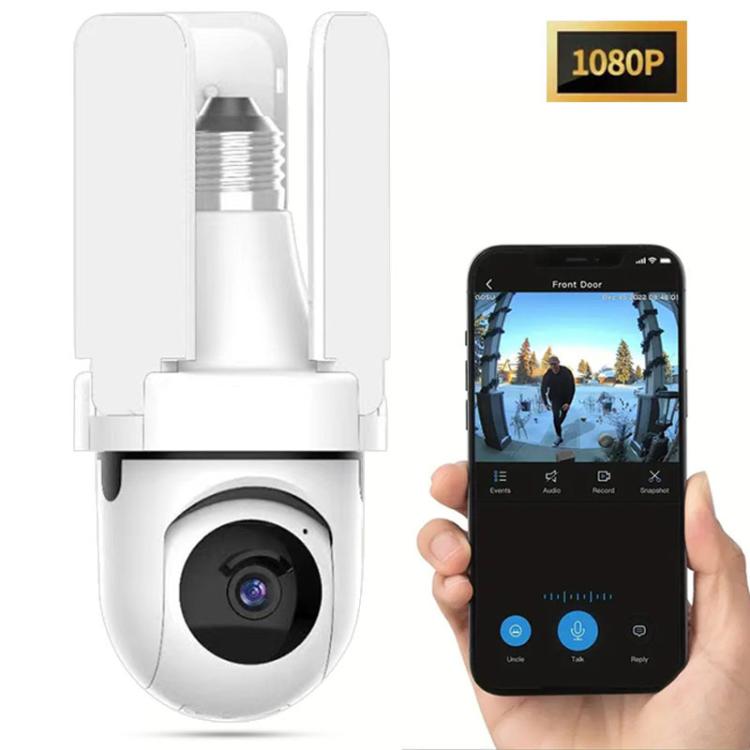 White bulb-style WiFi surveillance camera with 1080P indicator and smartphone control app