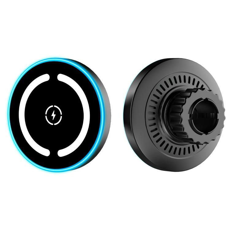 Black magnetic wireless car charger disc with blue LED ring and mount interface
