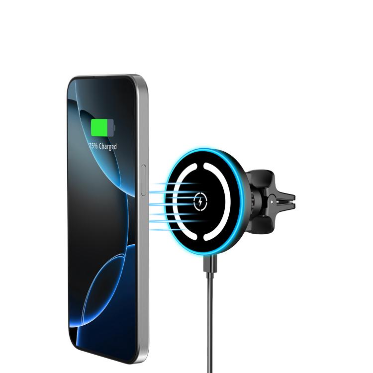 Black car phone wireless charger with blue LED ring, cable, and clip mount