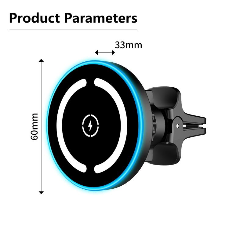 Black magnetic car wireless charger with blue LED ring and 60mm disc size