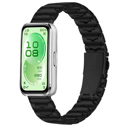 Black textured stainless steel watch band with folding clasp, shown attached to a smartwatch