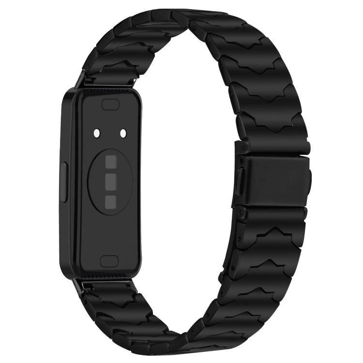 Back view of black textured stainless steel watch band and folding clasp on a smartwatch