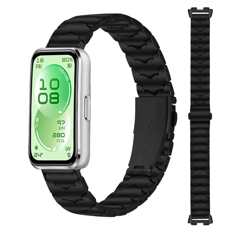 Black stainless steel watch band shown on a smartwatch, with a separate band view