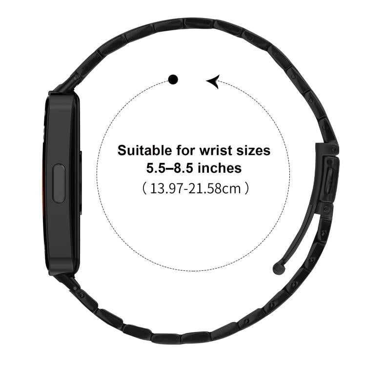 Side view of black metal watch band, adjustable for 5.5–8.5-inch wrists