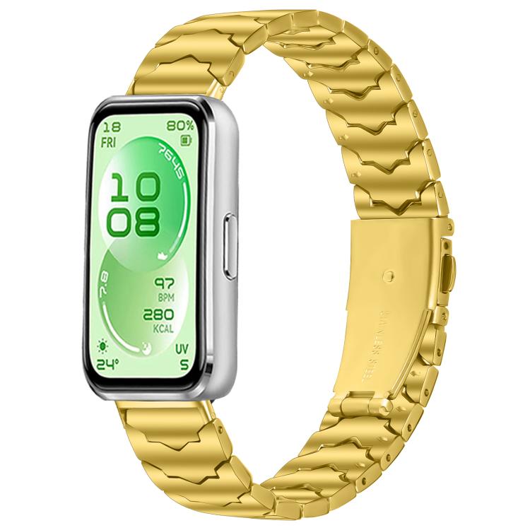 Gold textured stainless steel watch band with folding clasp, shown attached to a smartwatch