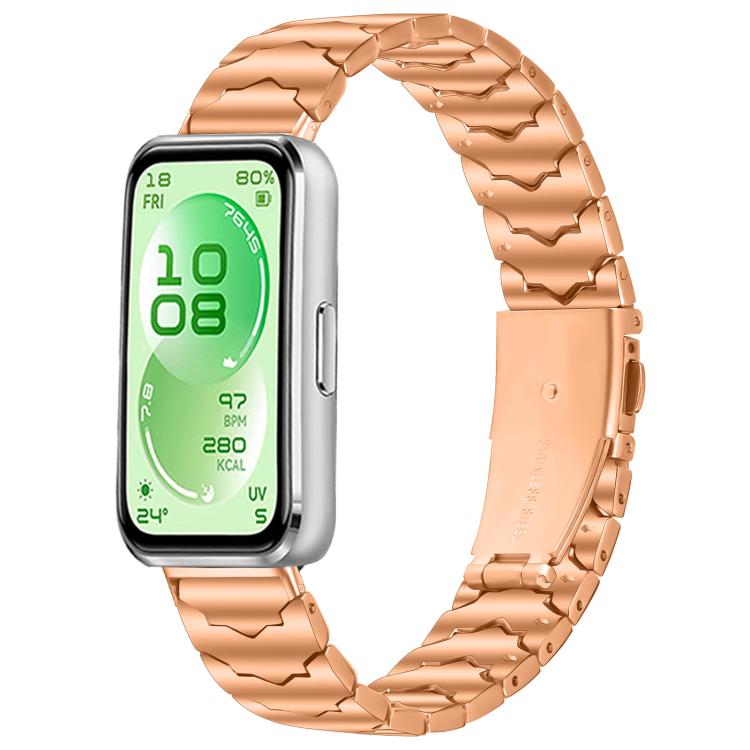 Rose gold textured stainless steel watch band with folding clasp, shown attached to a smartwatch