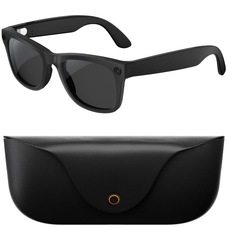 Black smart glasses with dark lenses and black charging case