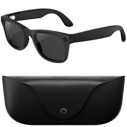 Black smart glasses with dark lenses and black charging case